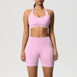 Cross-border seamless backless halter neck sports bra and shorts yoga outfit set, tight-fitting running and fitness two-piece set