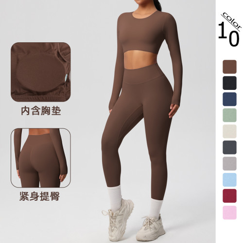 In-stock cross-border solid color double-sided nylon brushed nude-feel tight-fitting sports yoga outfit set for running and fitness two-piece set