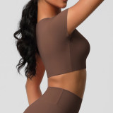 In-stock cross-border double-sided brushed fabric tight-fitting short-sleeve yoga top with chest pads for women, suitable for Pilates and running