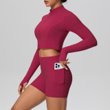 In-stock cross-border solid color brushed fabric nude-feel short jacket set with tight-fitting pocket shorts, two-piece fitness yoga outfit