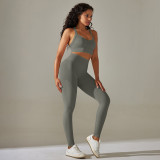 Cross-border European and American seamless knit solid color cross-back tight yoga outfit set with sports running fitness cropped pants