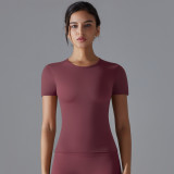 New solid color double-sided brushed high-elastic tight-fitting breathable yoga shirt with short sleeves for sports, running, and fitness