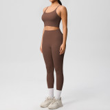 New cross-border double-sided brushed solid color backless tight-fitting breathable yoga outfit set for sports, running, and fitness two-piece set