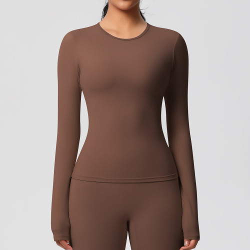 New in stock cross-border double-sided brushed solid color long-sleeve training sports T-shirt for running, fitness, and yoga for women