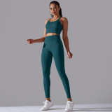 Cross-border European and American new seamless knit solid color backless tight-fitting high-waisted yoga outfit set for running and fitness two-piece set