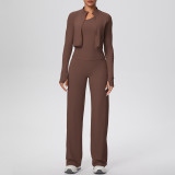 Cross-border solid color brushed tight-fitting one-shoulder tank top, wide-leg long pants, three-piece sports running fitness yoga outfit set