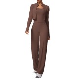 Cross-border solid color brushed tight-fitting tank top, wide-leg long pants, three-piece sports running fitness yoga outfit set