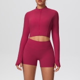 In-stock cross-border solid color double-sided brushed naked-feel short jacket set, tight-fitting running fitness yoga two-piece outfit