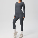 In-stock cross-border double-sided brushed solid color tight-fitting long-sleeve yoga outfit set for sports, running, and fitness two-piece set