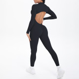 New cross-border double-sided nylon solid color backless hollow long-sleeve jumpsuit for sports, running, fitness, and yoga