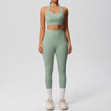 European and American cross-border yoga double-sided brushed vest with shockproof pocket pants, Pilates running fitness yoga two-piece set