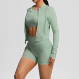 New European and American style naked-feel brushed long-sleeve sports jacket, casual pocket shorts, running butt-lifting yoga outfit three-piece set