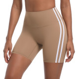 New cross-border striped fitness tight high-waisted peach-colored three-quarter shorts with contrasting colors, breathable sports running yoga shorts for women
