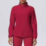 New cross-border solid color fleece-lined pocket stand-up collar zip-up casual sports jacket for running, fitness, and yoga for women