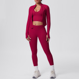 Cross-border seamless solid color tight-fitting breathable high-elasticity yoga outfit set for sports, running, and fitness, three-piece yoga set