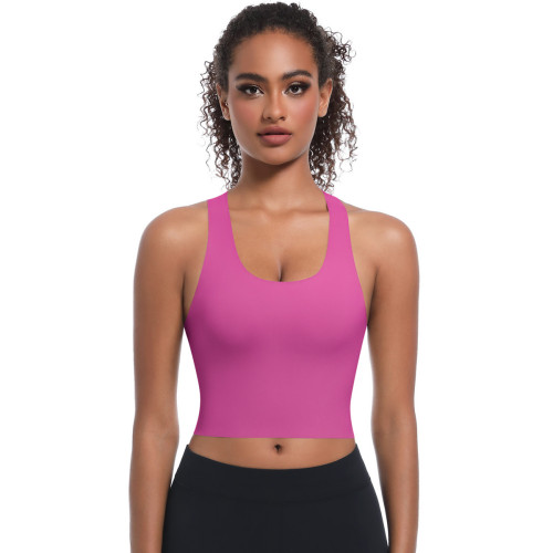 New seamless solid color fitness sports bra for running, sweat-absorbing, breathable, double-layer anti-transparent yoga top with beautiful back design for women
