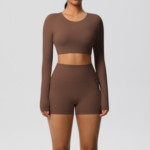 Cross-border European and American solid color double-sided nylon brushed yoga outfit with chest pads, two-piece sports running fitness set for women