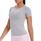 Cross-border European and American seamless knitted solid color breathable tight-fitting short-sleeve T-shirt for sports, running, fitness, and yoga for women