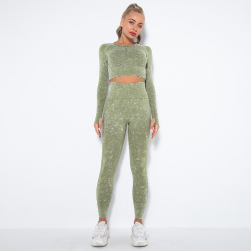 New European and American seamless washable smiley face yoga set, sports fitness long-sleeve top and butt-lifting yoga pants two-piece set