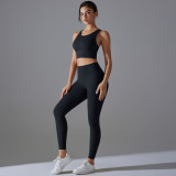 New solid color no-underwear required fixed-cup beautiful back sports yoga set, tight-fitting high-elastic fitness antibacterial yoga wear