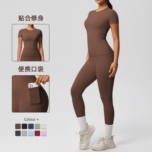 In-stock cross-border solid color double-sided brushed breathable high-elasticity tight-fitting yoga outfit set for sports, running, and fitness two-piece set