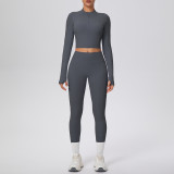 In-stock cross-border solid color double-sided brushed naked-feel short jacket set, tight-fitting running fitness yoga two-piece outfit