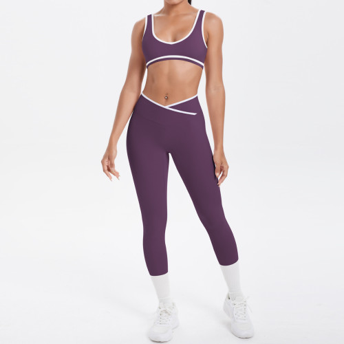 New cross-border brushed fabric color-block tight-fitting breathable cross-over wide-leg yoga outfit set for sports, running, and fitness two-piece set