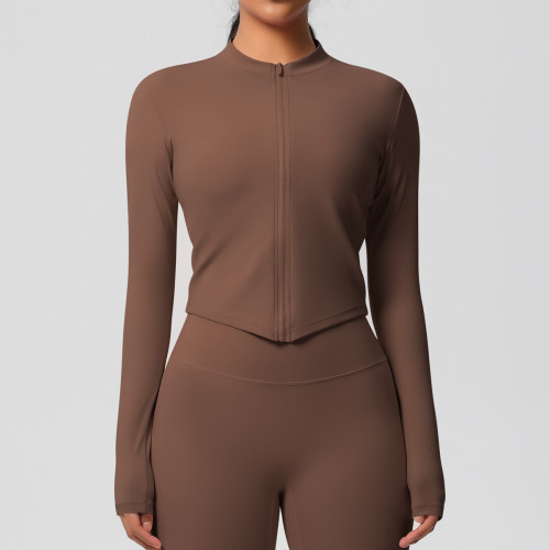 In-stock cross-border quick-dry naked-feel brushed gym zip-up jacket running sports tight-fitting long-sleeve yoga top for women