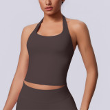 New seamless solid color halter neck sports tank top for women, suitable for running, fitness, and yoga