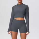 In-stock cross-border solid color double-sided brushed naked-feel short jacket set, tight-fitting running fitness yoga two-piece outfit