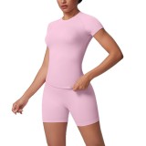 Cross-border European and American seamless solid color breathable tight-fitting high-elastic short-sleeve shorts set for women's sports, running, fitness, and yoga wear