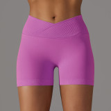 Cross-border European and American seamless knitted breathable solid color cross-waist peach butt yoga shorts for women, suitable for running and fitness