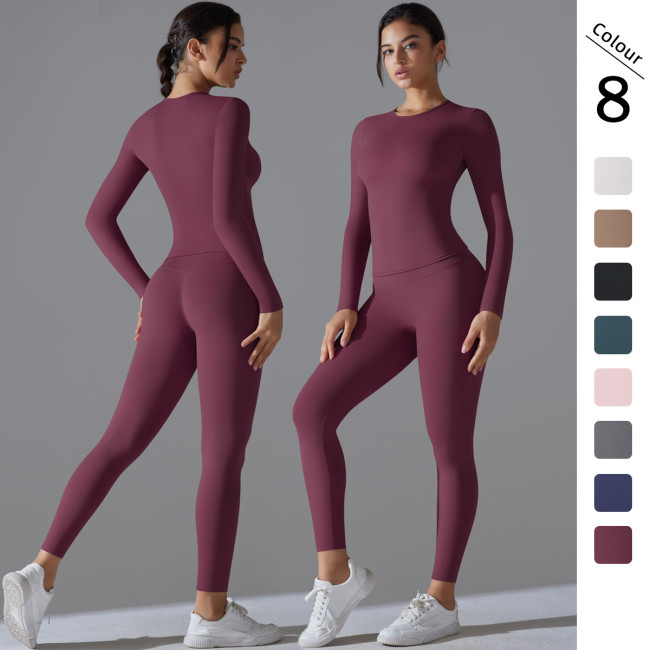 New solid color double-sided brushed high-elastic high-waisted tight-fitting butt-lifting training yoga outfit set for women, suitable for running and fitness