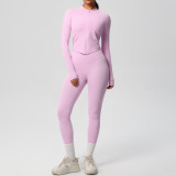 In-stock cross-border solid color double-sided brushed naked-feel jacket long-sleeve suit, tight-fitting running fitness yoga two-piece set