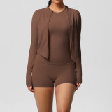 European and American cross-border cloud-feel brushed sports zip-up jacket, casual running butt-lifting pocket shorts, yoga outfit three-piece set