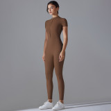 New solid color zippered tight-fitting high-elastic short-sleeved jumpsuit for sports, fitness, running, and yoga