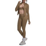 New cross-border seamless solid color tight-fitting high-elastic breathable three-piece sports running fitness yoga outfit set