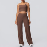 New cross-border brushed solid color backless tight-fitting breathable wide-leg yoga outfit set for sports, running, and fitness two-piece set