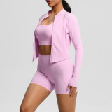 European and American style solid color backless bra, tight yoga wear, pocket shorts, cloud-feel running fitness wear, three-piece sports set