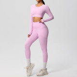 In-stock cross-border solid color double-sided brushed breathable high-elasticity tight-fitting yoga outfit set for sports, running, and fitness two-piece set