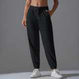 New drawstring solid color high-elasticity sports sweatpants, breathable loose yoga pants for training, running, and fitness, women's 7/8 length pants