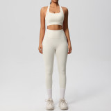 European and American cross-border yoga double-sided brushed vest with shockproof pocket pants, Pilates running fitness yoga two-piece set