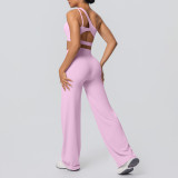 Cross-border European and American double-sided nylon brushed one-shoulder yoga outfit set for women, suitable for sports, running, and fitness, with wide-leg two-piece design