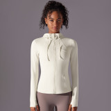 New double-sided nylon solid color zippered pocket hooded sports jacket for running, fitness, and yoga, long-sleeved jacket for women