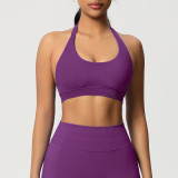 Cross-border solid color seamless backless high-elasticity tight-fitting halter neck sports bra for running, fitness, and yoga for women
