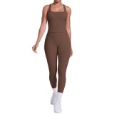 Cross-border European and American double-sided brushed solid color tight-fitting racerback sports suit for running, fitness, and yoga two-piece set