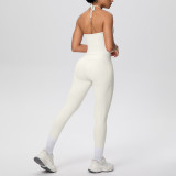Cross-border solid color brushed fabric backless tight-fitting halter neck pocket yoga outfit set for sports, running, and fitness two-piece set
