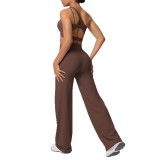 Cross-border European and American double-sided nylon brushed one-shoulder yoga outfit set for women, suitable for sports, running, and fitness, with wide-leg two-piece design