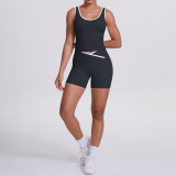 New cross-border double-sided brushed contrasting color tight-fitting breathable cross-over yoga outfit set for sports, running, and fitness two-piece set