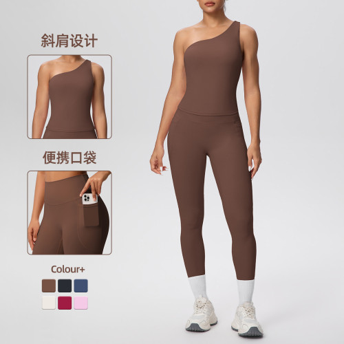 New cross-border brushed fabric seamless tight-fitting one-shoulder tank top sports set with pockets for running, fitness, and yoga, two-piece set